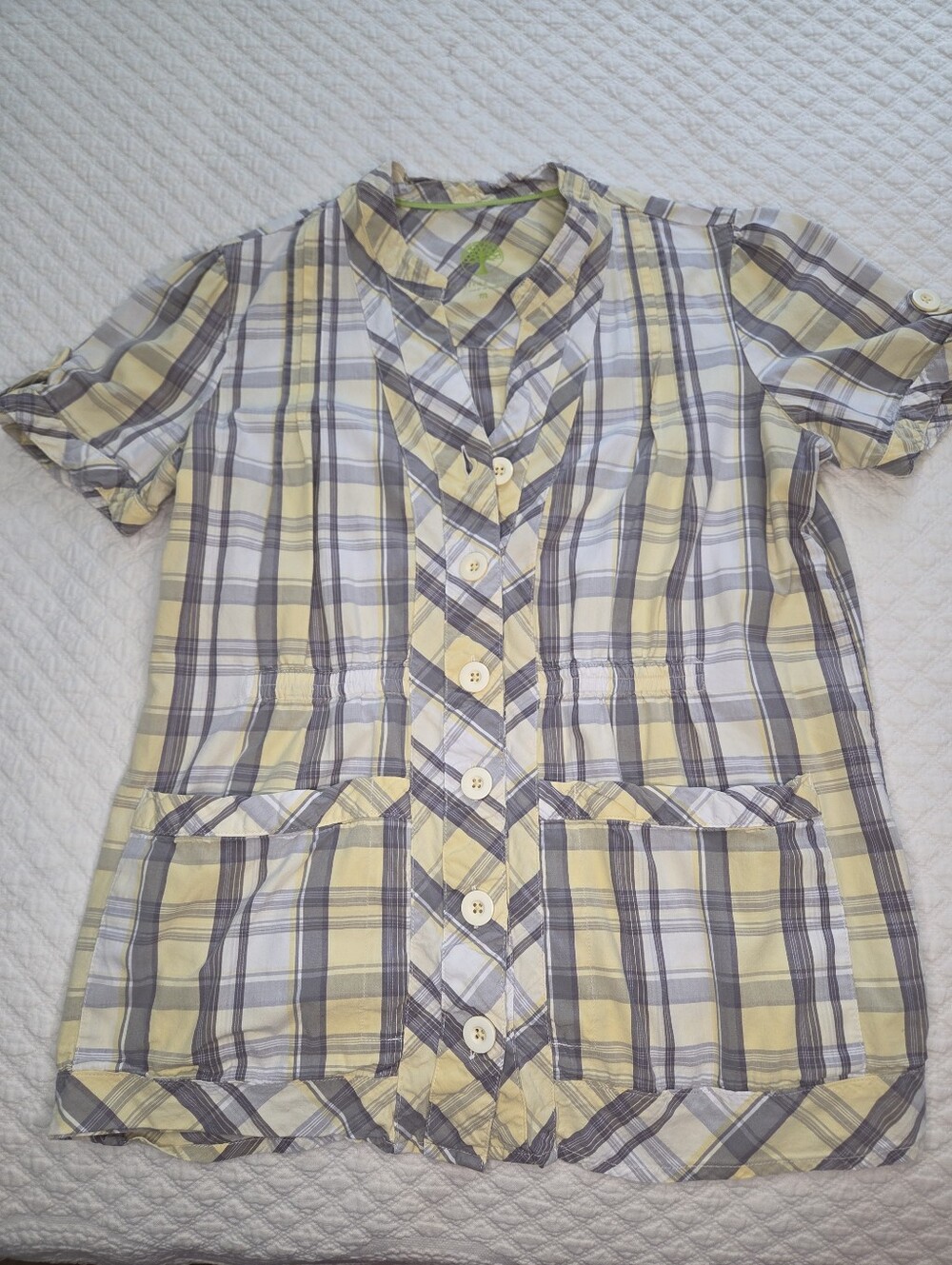 Healing Hands Size Medium Yellow Plaid Button Up Top Short Sleeve Pockets